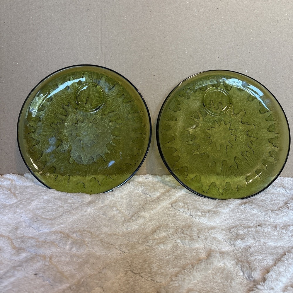Vintage Indiana Green Glass Sunburst Snack Two Plates
